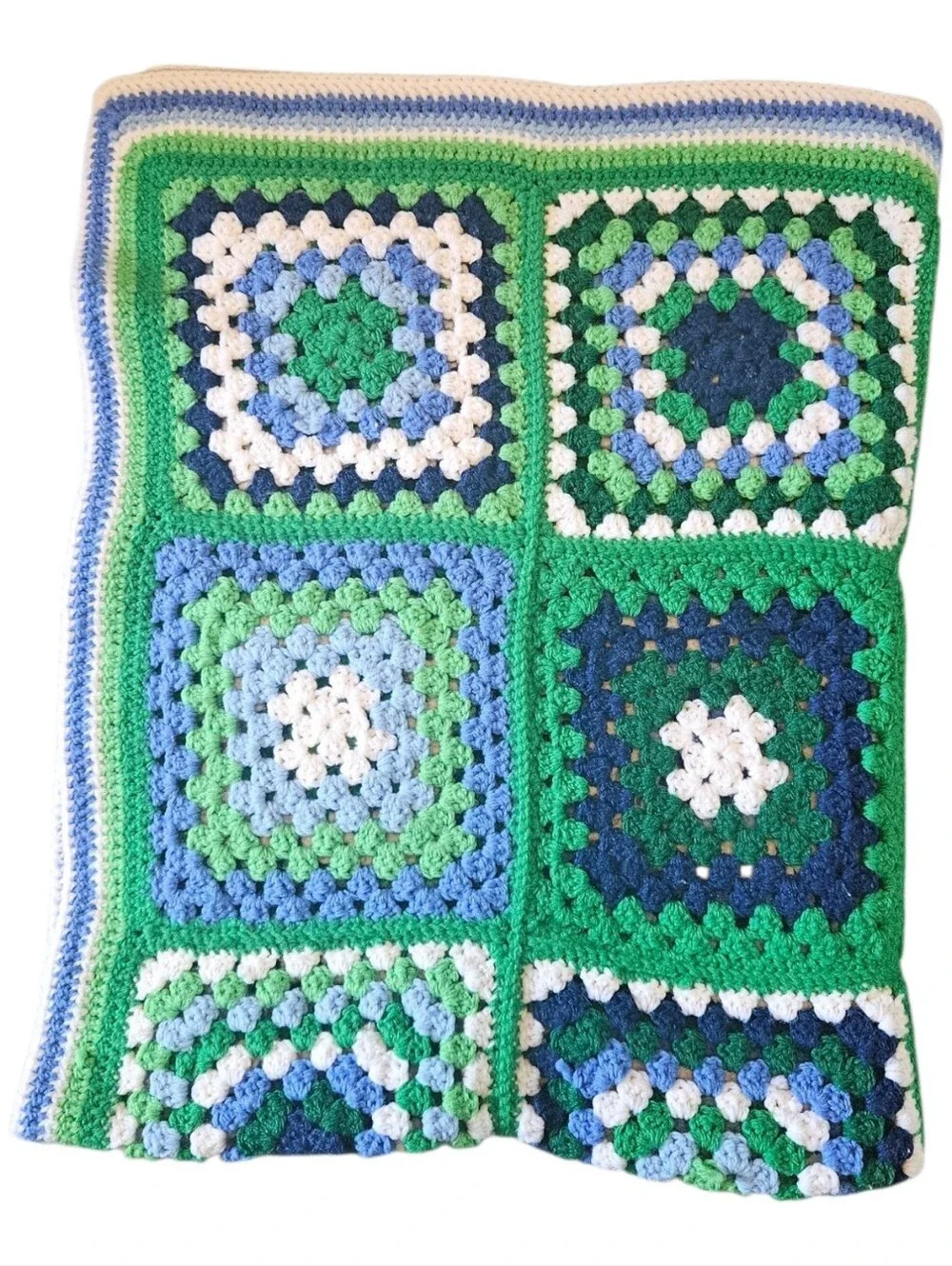 Green White Blue Crochet Granny Square Afghan Lap Baby Blanket Throw 43